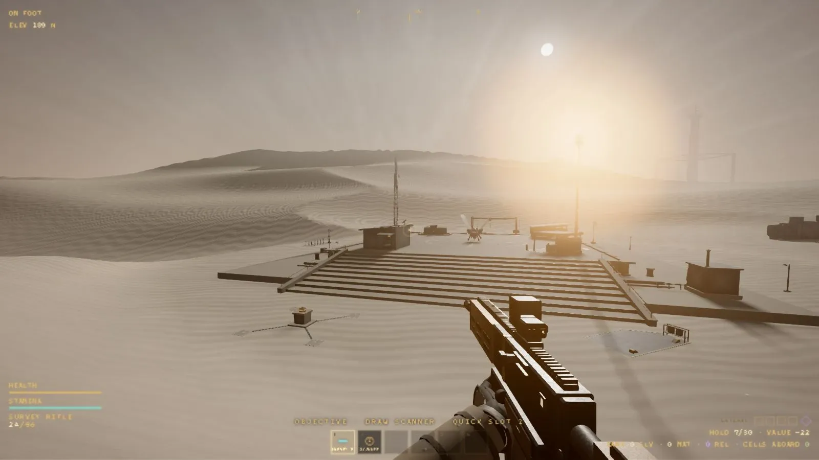 The Kiln-authored survey rifle in the foreground, an outpost and parked aircraft ahead, and a monument on the distant desert horizon in OBJEKT-62.