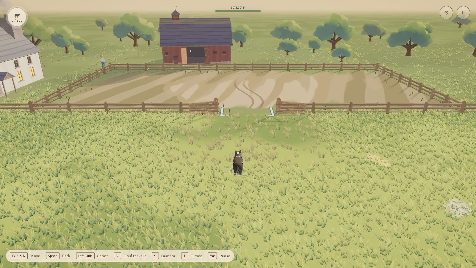 A sheepdog faces the fenced pen, with the Kiln-authored farmhouse, red barn and trees behind it in Sheepdog Sim.
