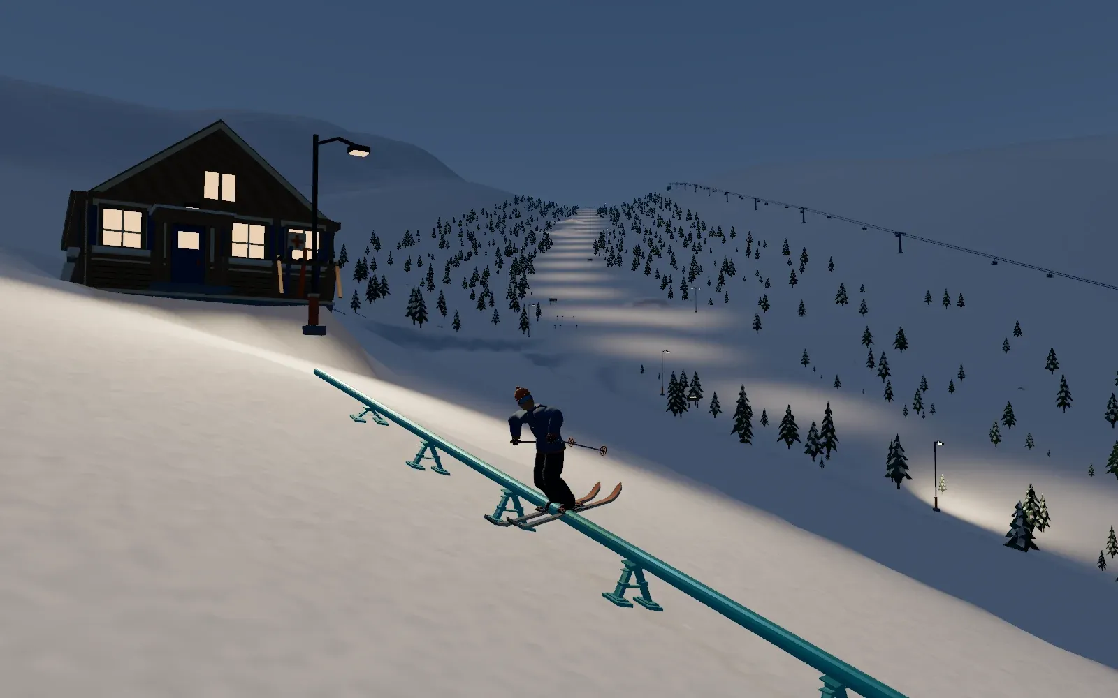 A skier grinding sideways beside a lit chalet, with pines, trail lights and a chairlift in the background.
