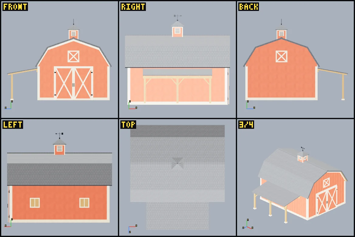 Six rendered review views of Barn.