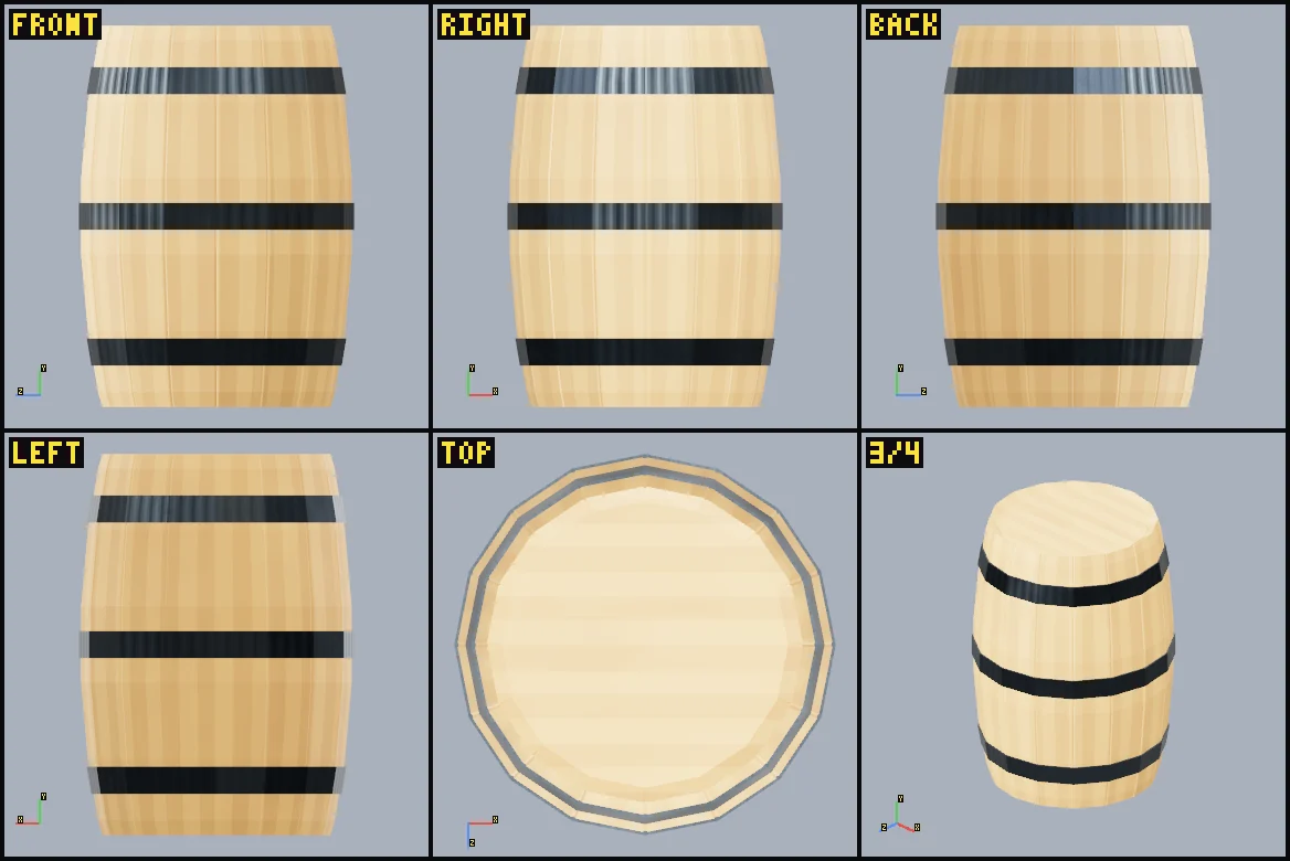 Six rendered review views of Farm barrel.