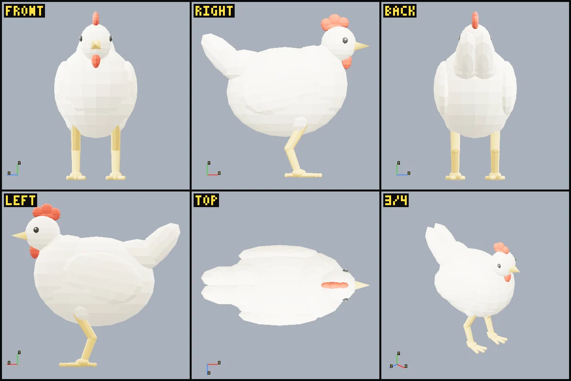 Six rendered review views of Chicken.