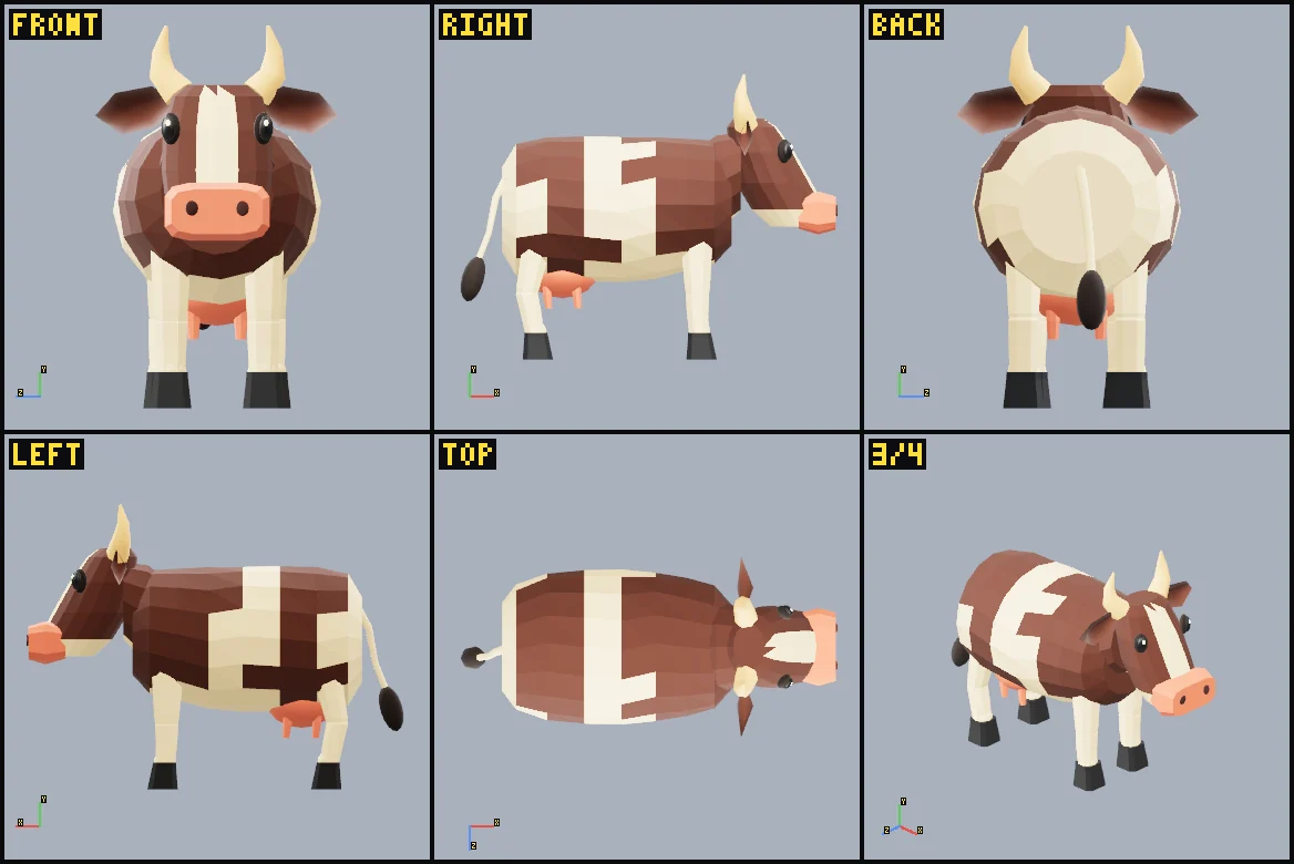 Six rendered review views of Buttercup • faceted farm cow.