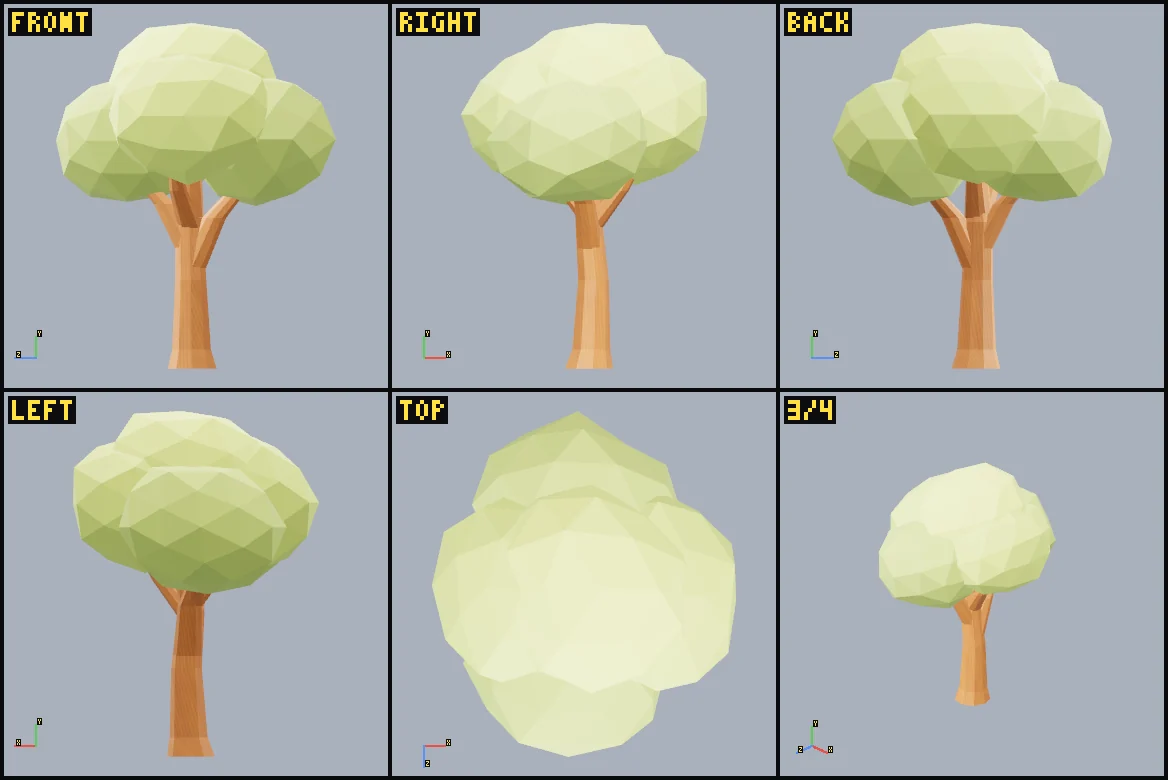 Six rendered review views of faceted-tree.