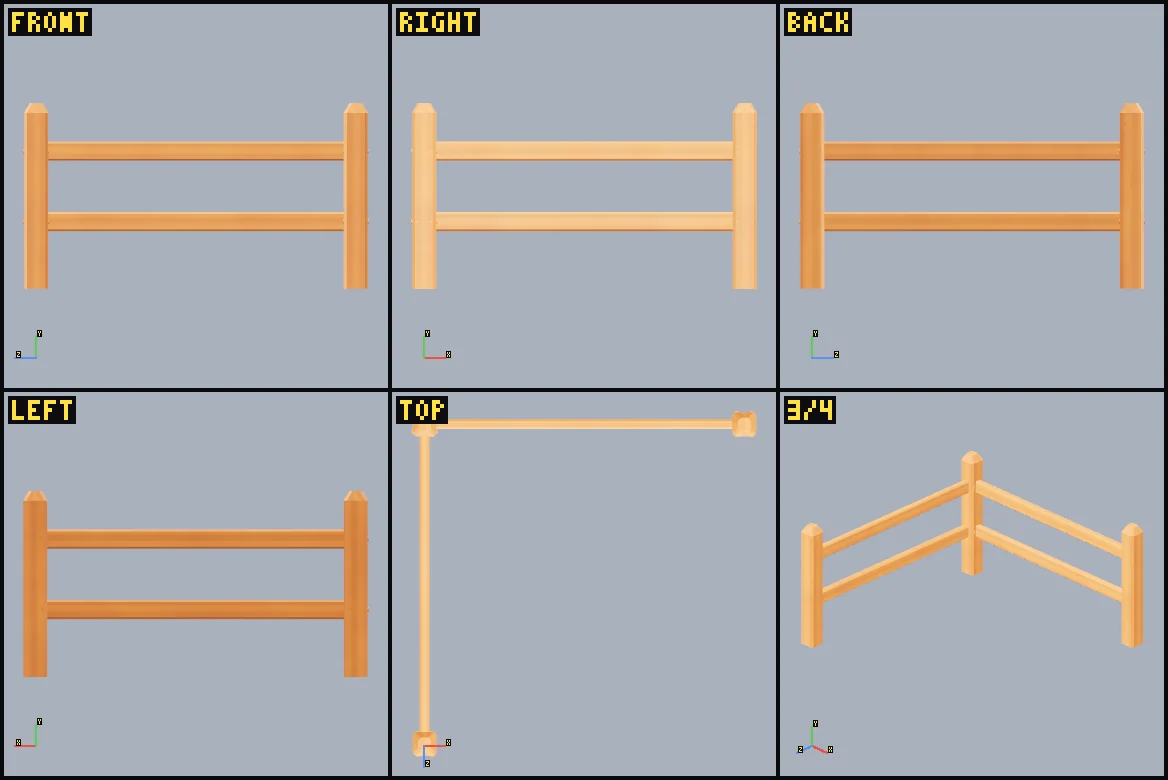 Six rendered review views of fence-corner.