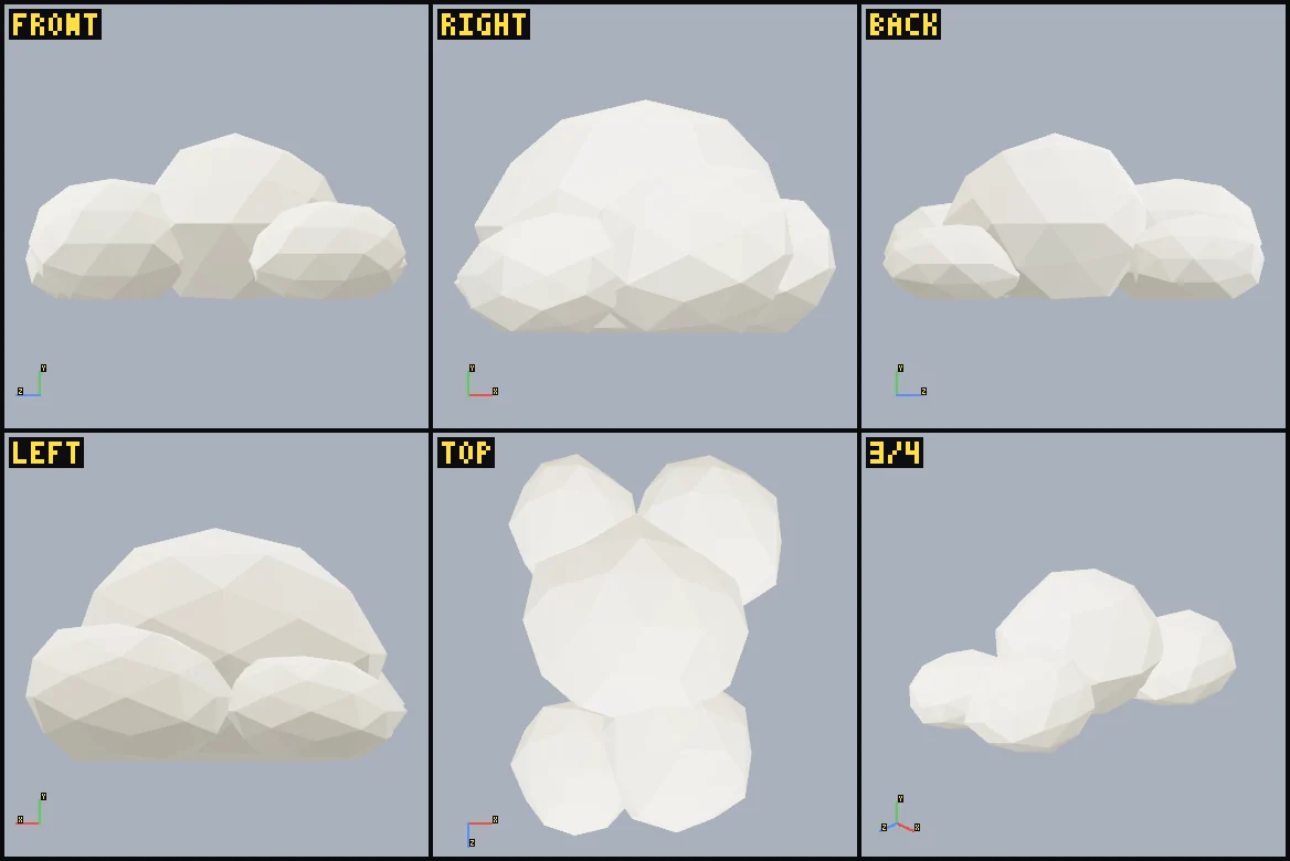 Six rendered review views of rock-cluster.