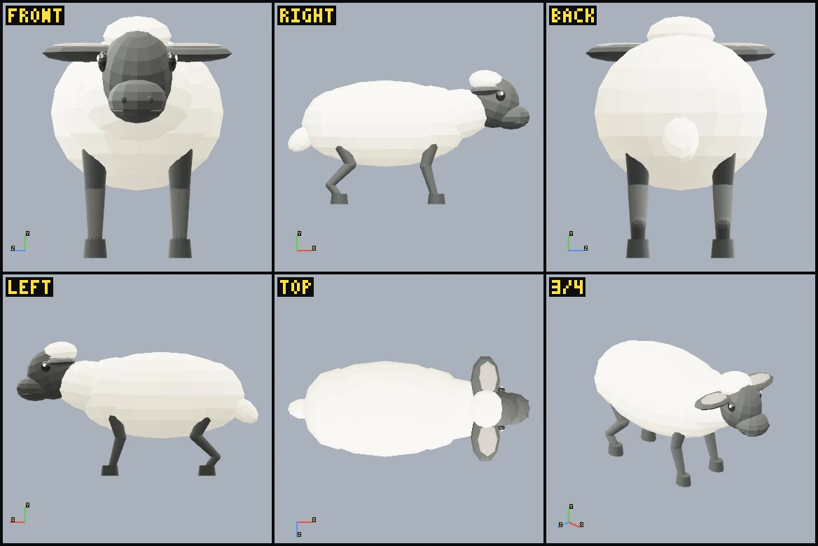 Six rendered review views of Sheep — first review.
