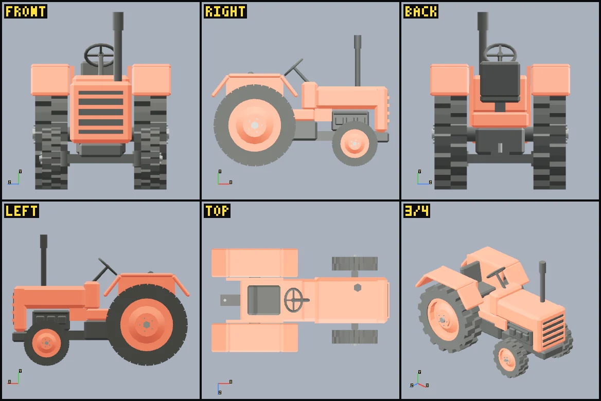 Six rendered review views of Vintage tractor (review 2, motion, UV-exact merge).