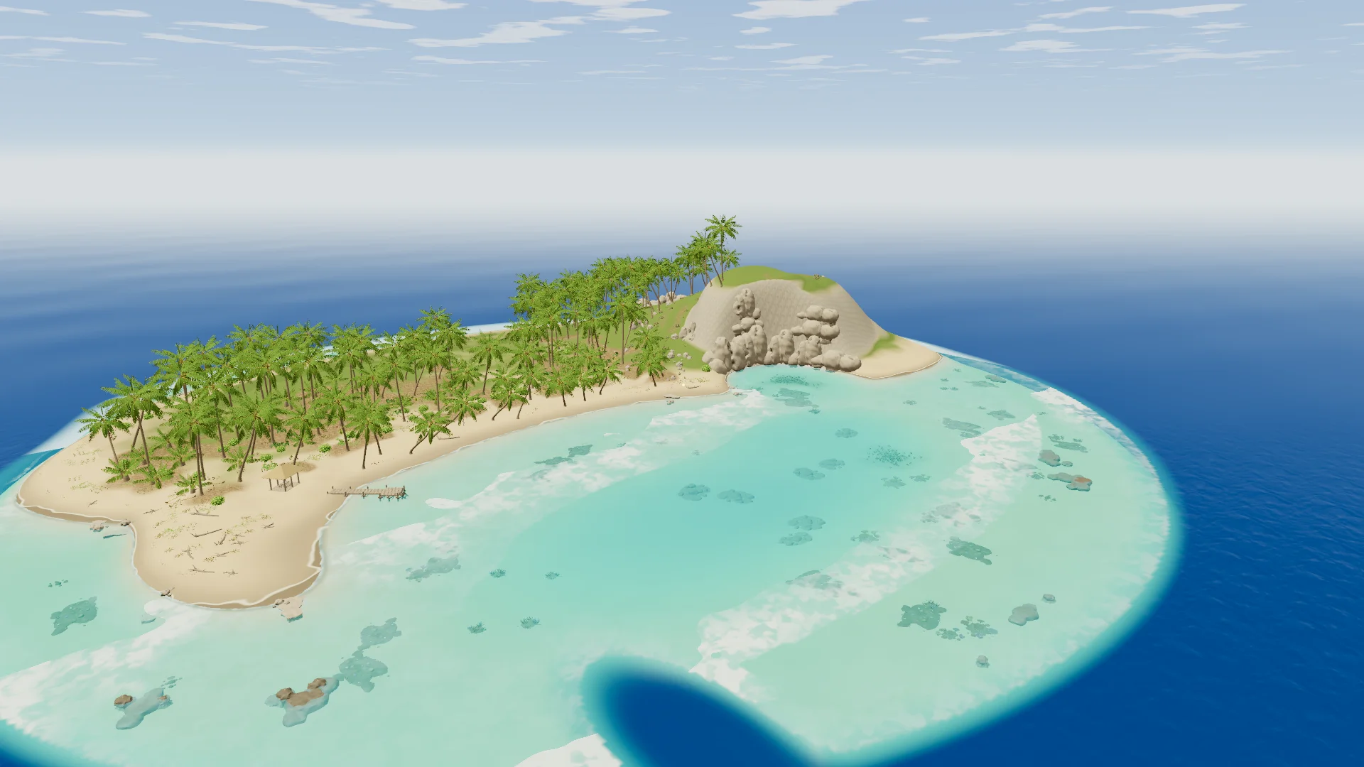Crescent Cove from the air: a palm-lined crescent beach and a rocky headland around a turquoise lagoon with seagrass and coral.