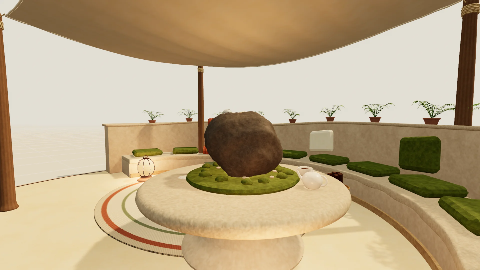 Under the Cove’s canopy: the hearth table on its inlaid rug, in front of the cushioned seat.