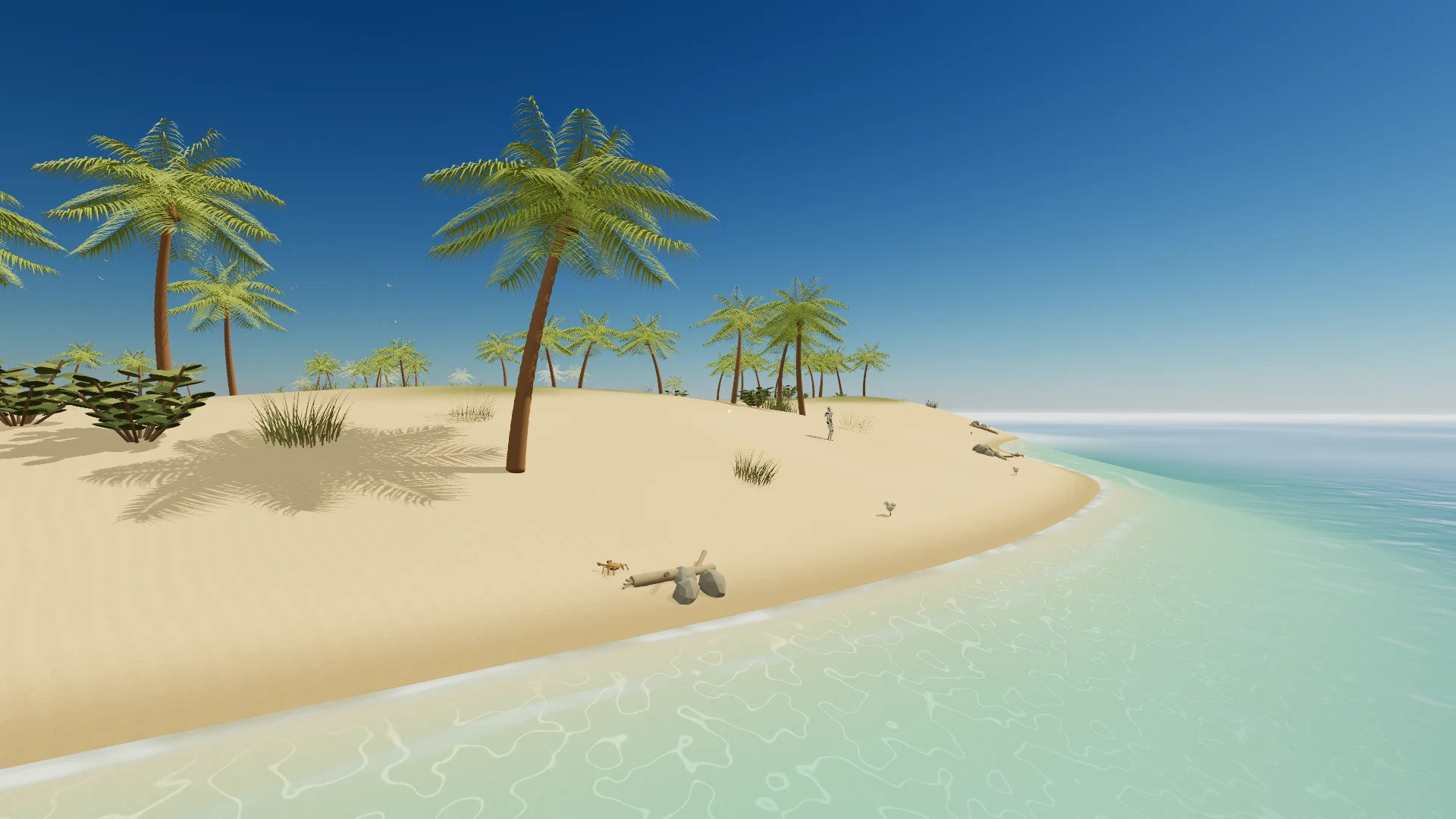 Along Tidemark’s shore, palms above a curve of sand and clear water.