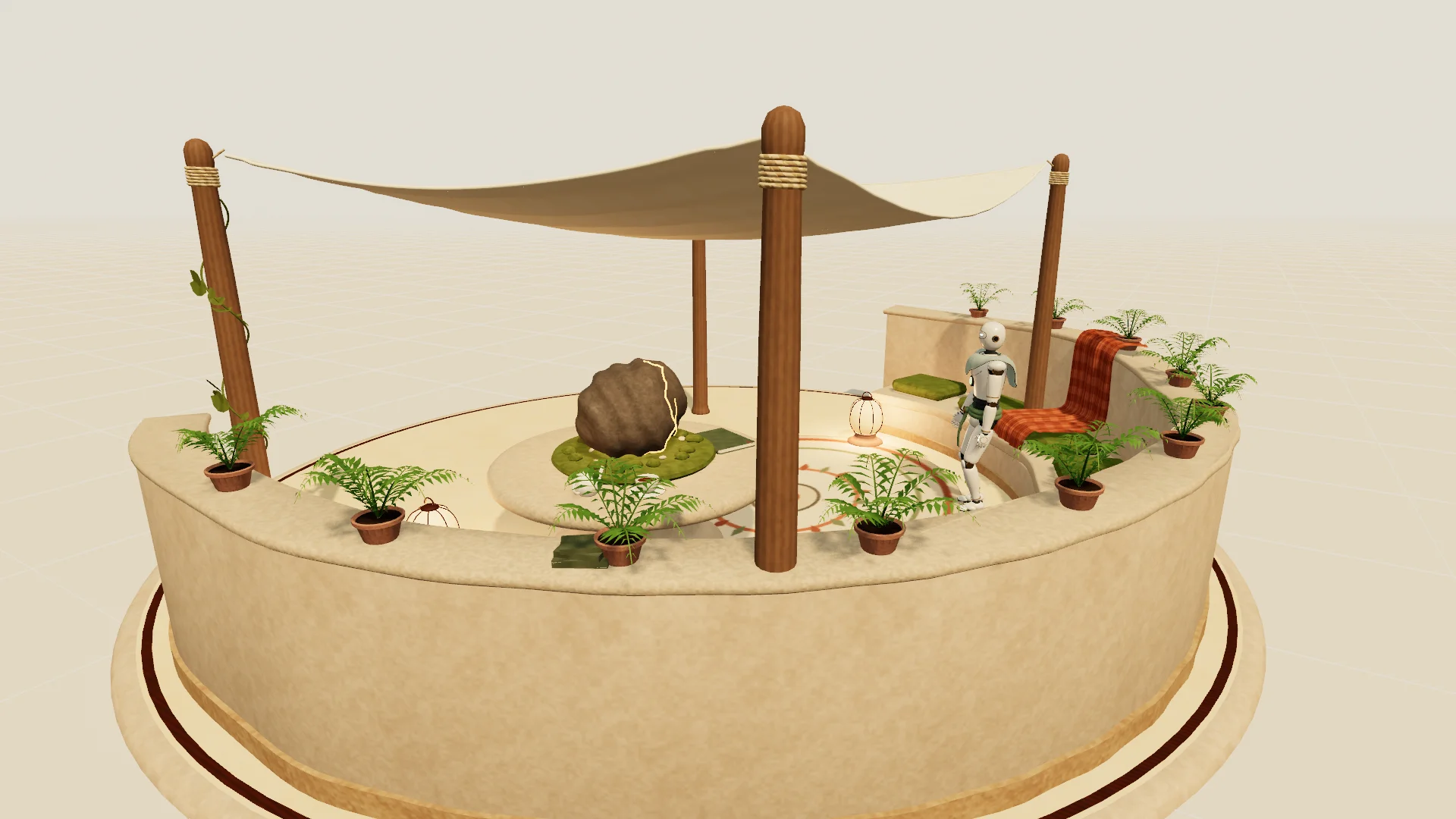 The Cove: a curved stone seat with green cushions under a linen canopy on timber masts, ringed with potted ferns.