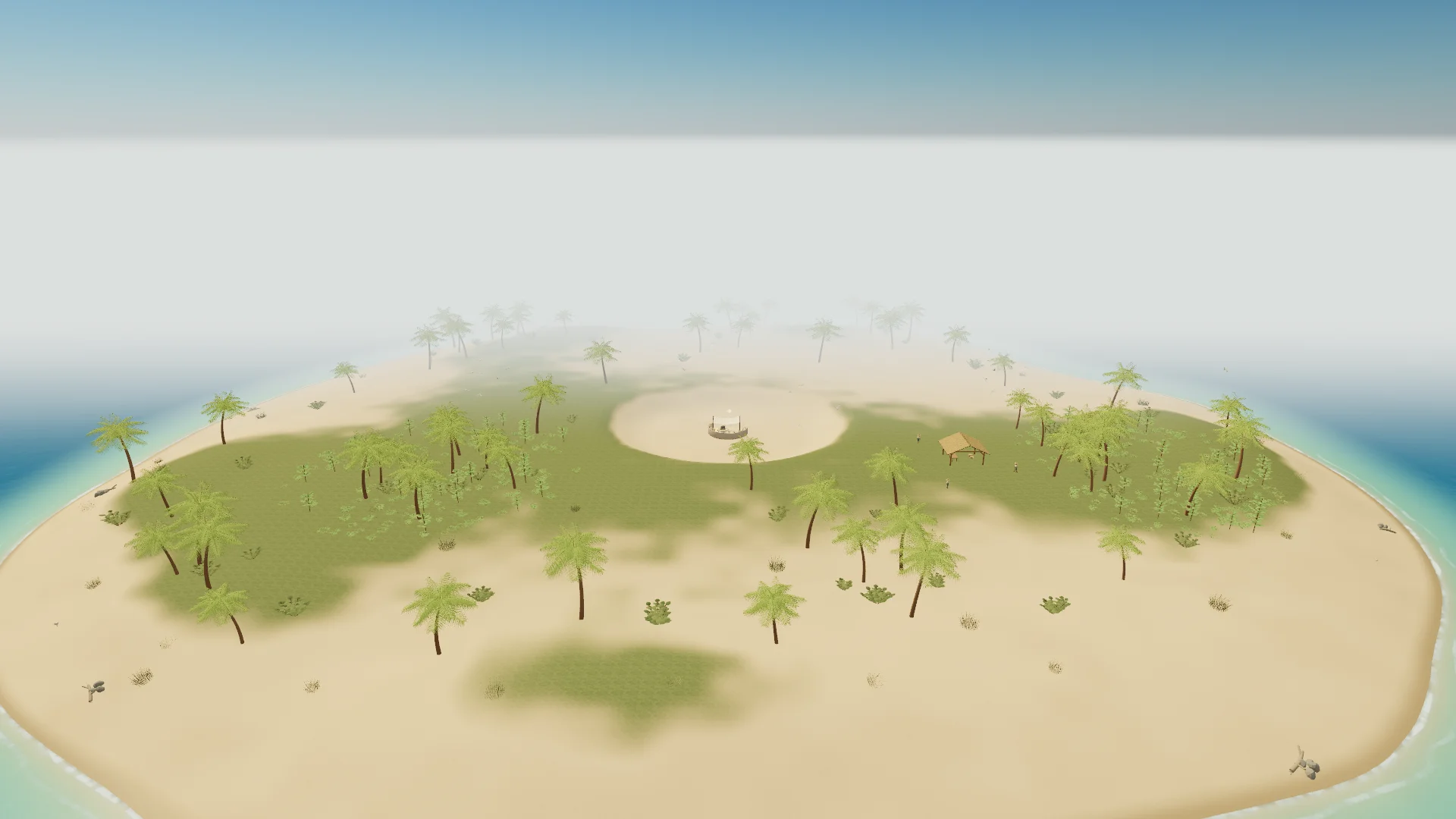 Tidemark Island from above: palm groves and open sand around the Cove, ringed by turquoise shallows.