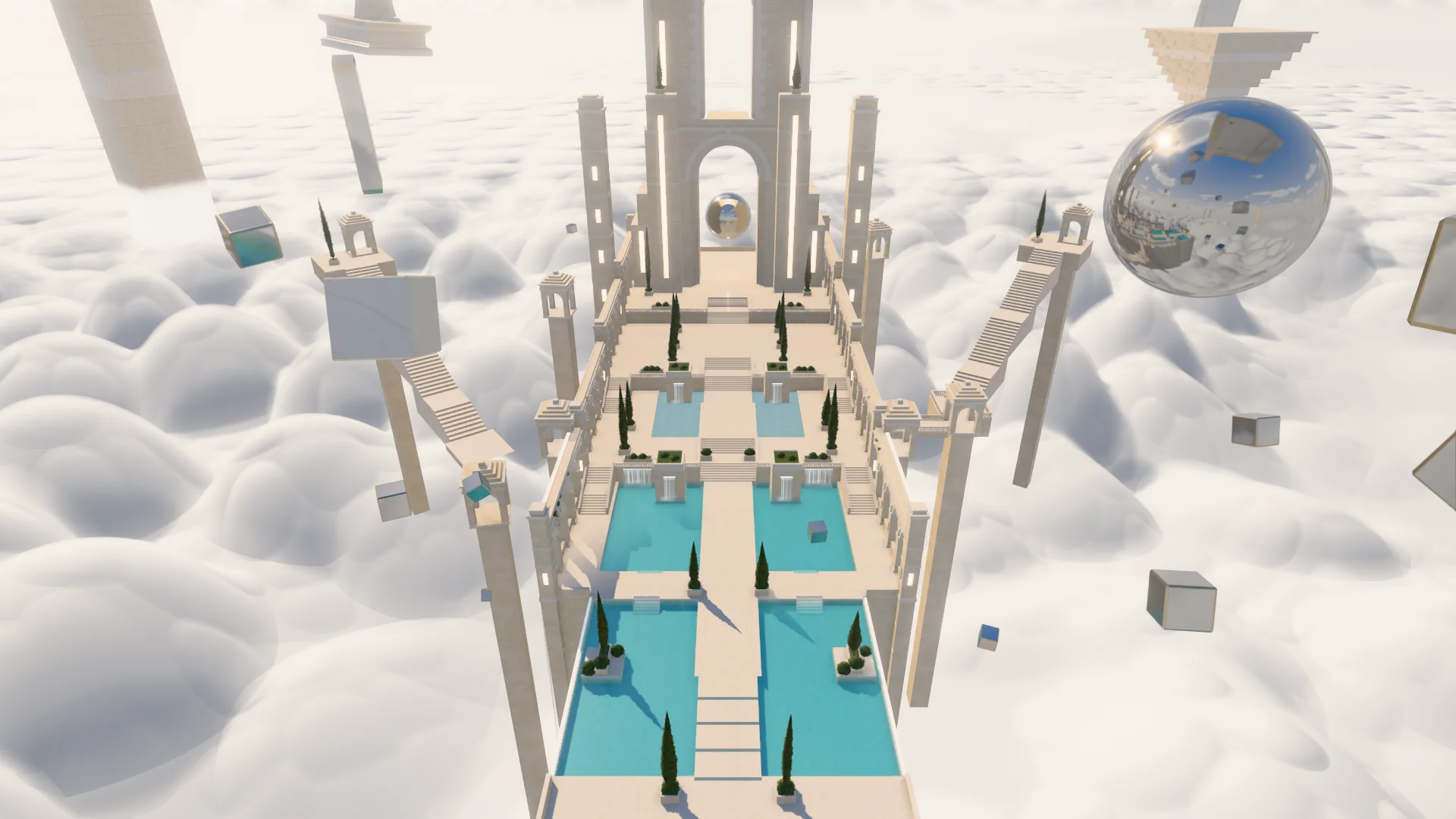 Meridian Sanctuary from above: a marble causeway between mirror pools and terraces climbing to the gate tower, over a sea of cloud.