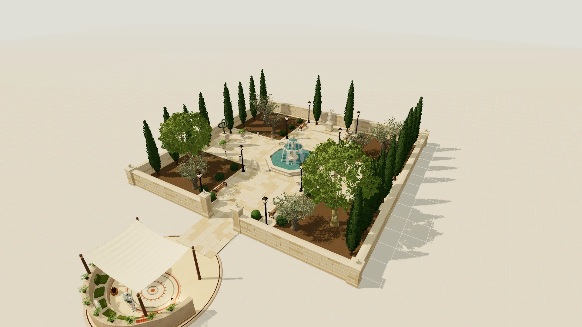 The Courtyard from above: a walled garden of cypress and olive trees around a fountain, with the Cove at its gate.