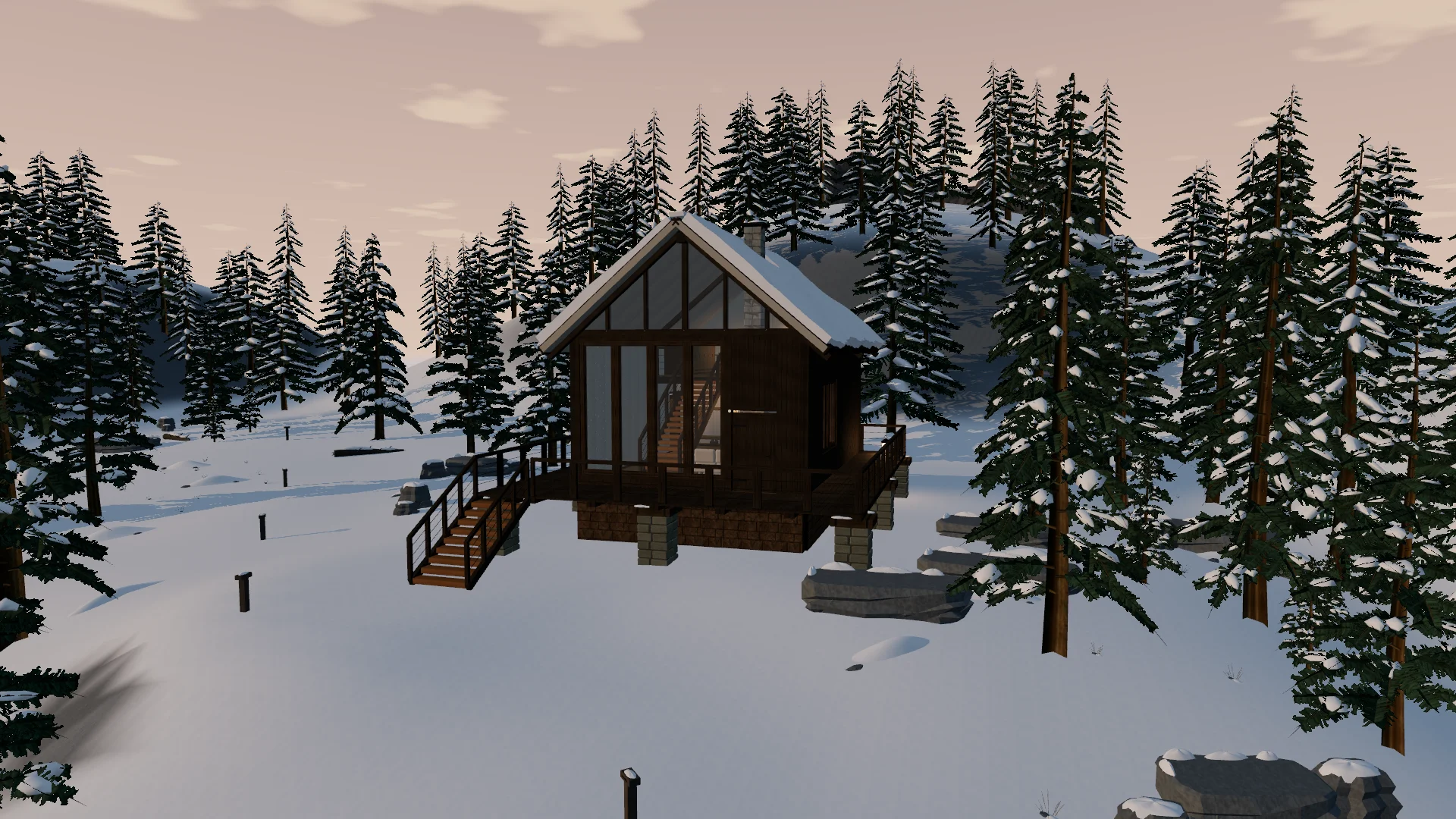 The timber cabin with its glazed gable, deck and stair among snow-covered firs and spruces.