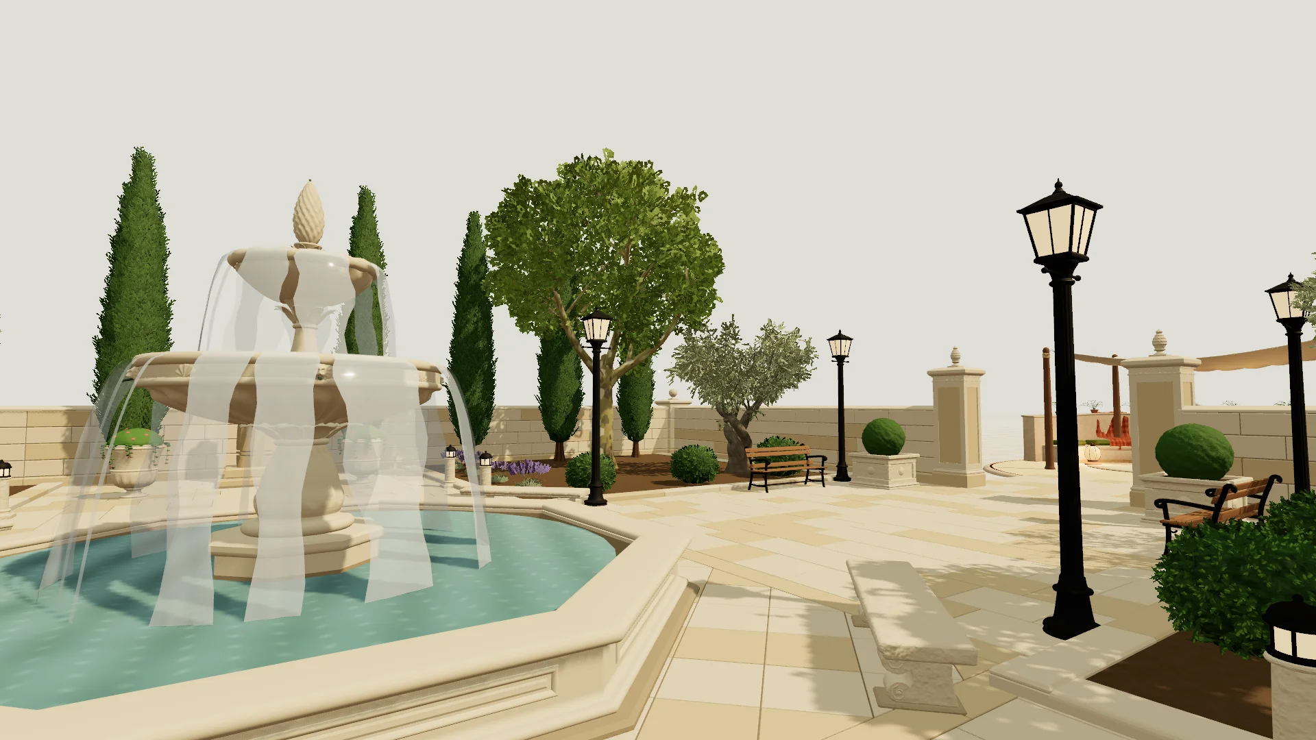 The tiered stone fountain among cypresses and lamp posts.
