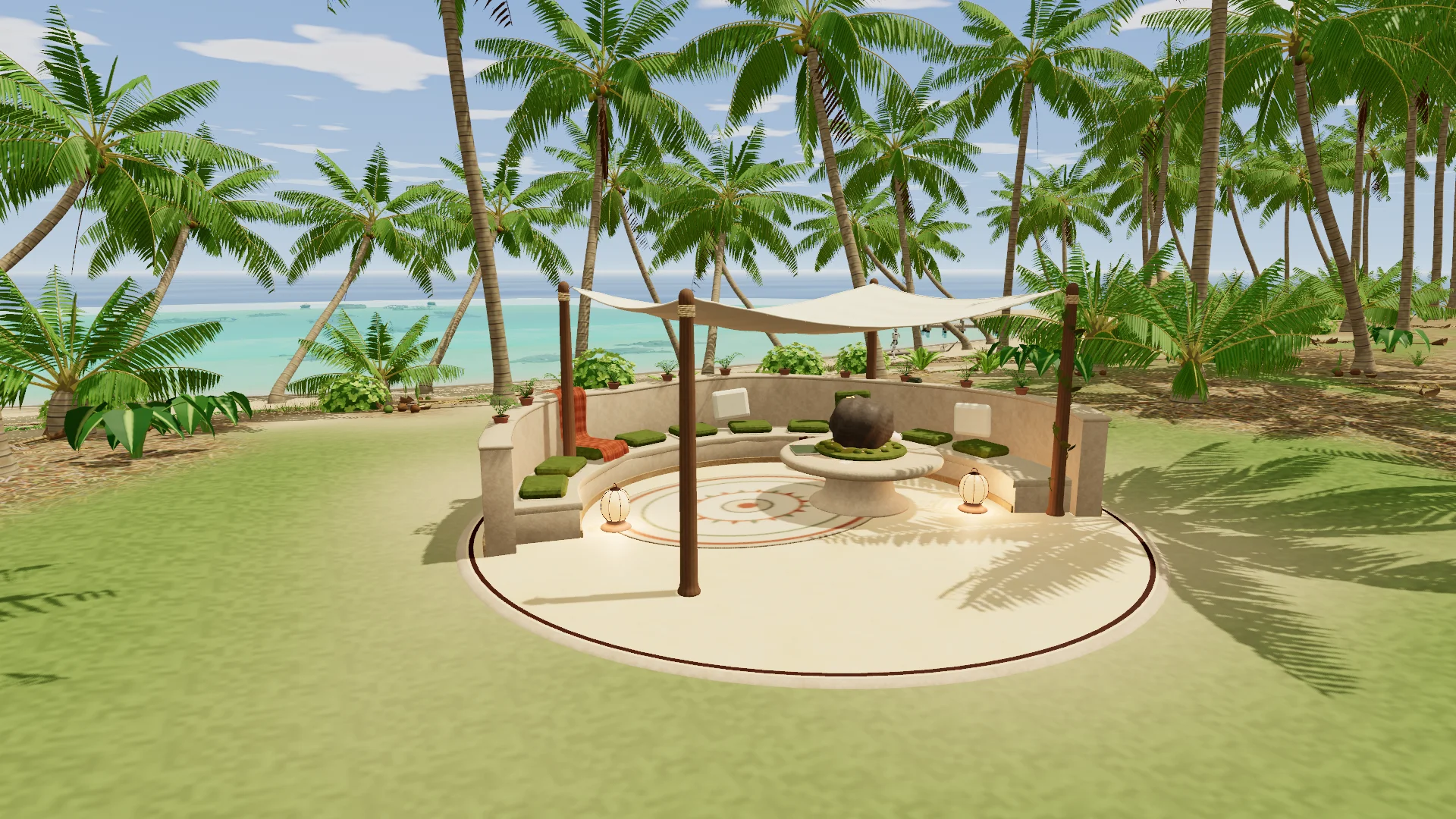 The Cove on Crescent Cove: the canopied seat on a grassy rise among palms, with the lagoon beyond.