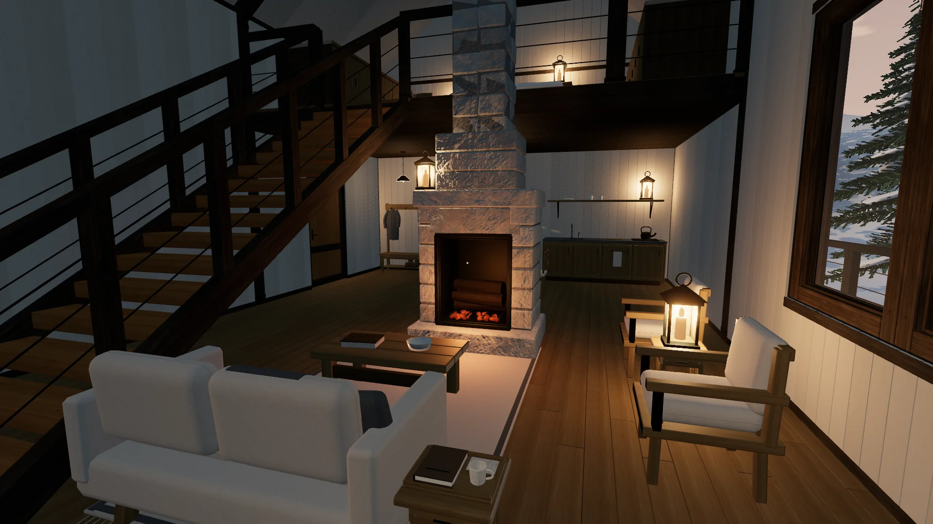 The cabin’s living room: a sofa and armchair around the stone hearth, the loft stair and warm lantern light.