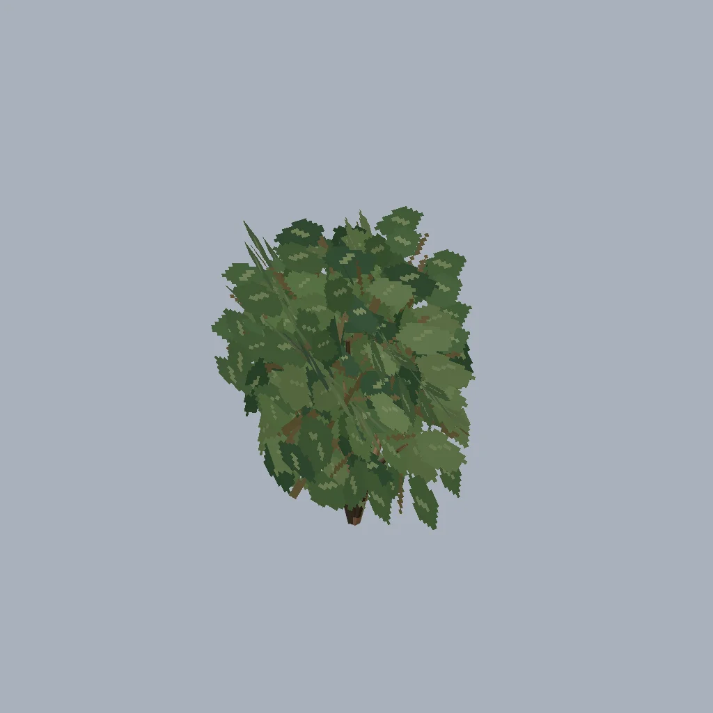 Five forked stems under an irregular three-dimensional canopy of low-poly foliage cards.
