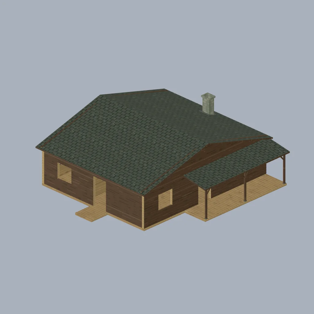 Rebuilt modular cabin with an open living and dining area, bedroom, supplies, open kitchen, porch and side work exit.