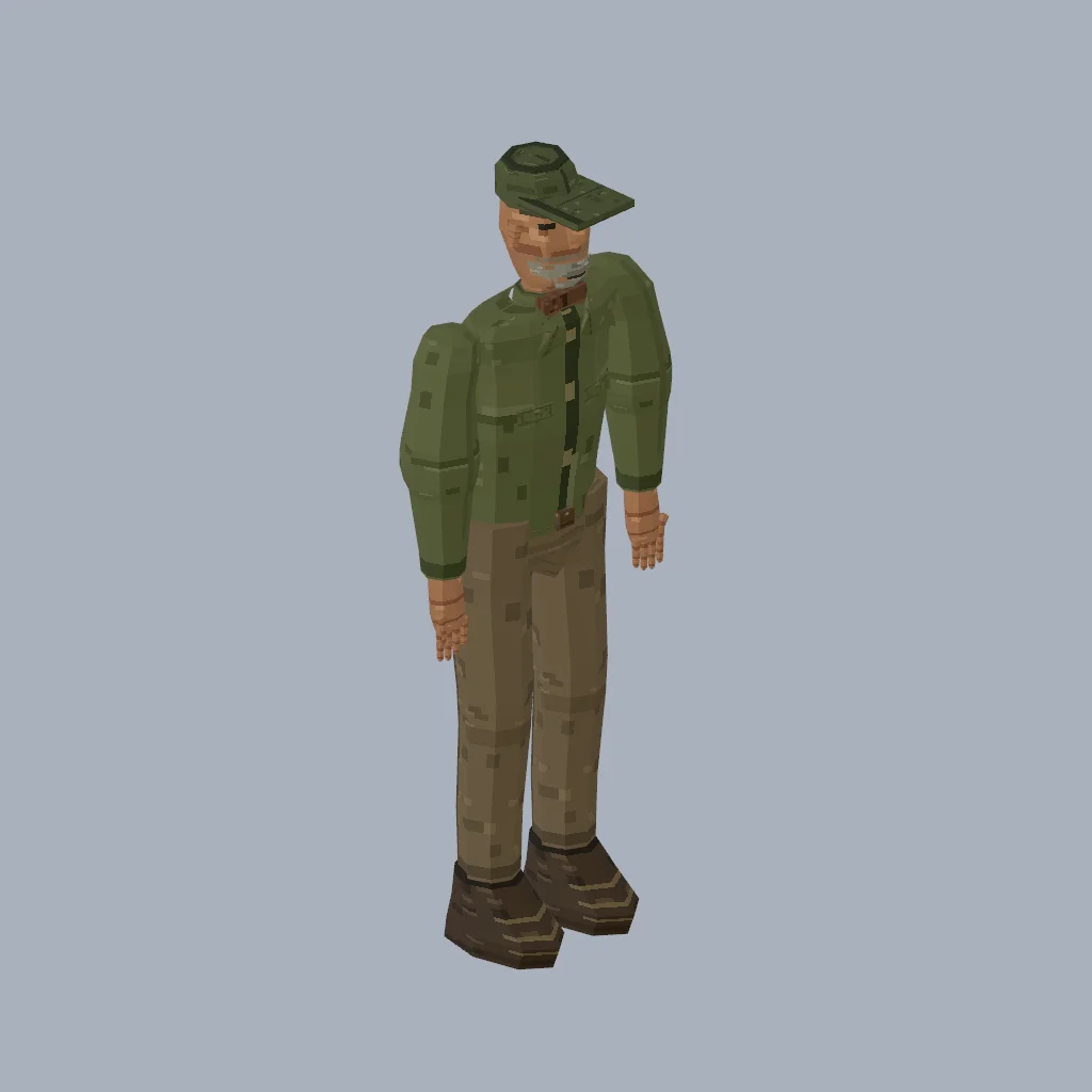 Original rural caretaker with connected olive workwear, articulated hands, a shared 47-joint rig, left-hand flashlight carry, tool grips and synchronized reload animation.