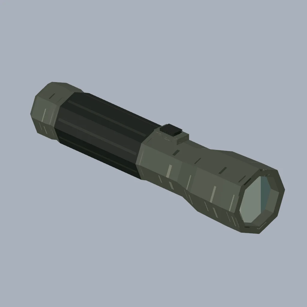 Original worn handheld flashlight with authored grip, lens and beam sockets. Runtime light belongs to the scene.