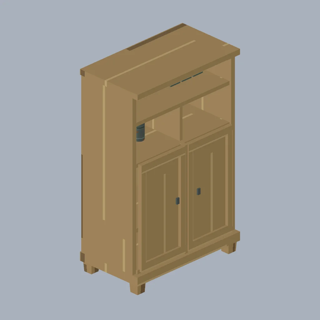 Original fitted PSX cabin furnishing with procedural pixel textures.