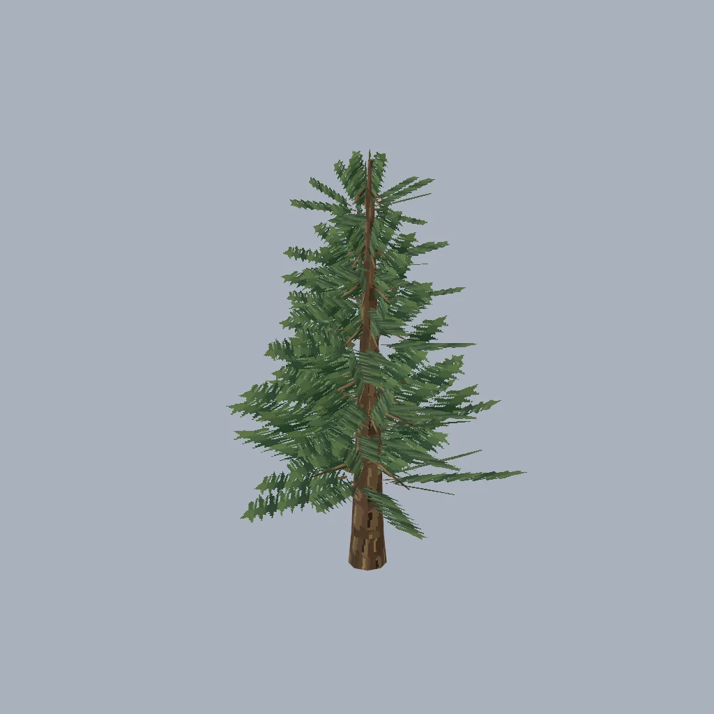 Layered cutout boughs, tapered bark trunk and matched stump cut.