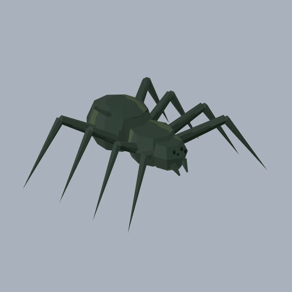 Eight articulated legs with named contact points, original pixel atlas and a closed scuttle animation. Scene contact solving is separate.