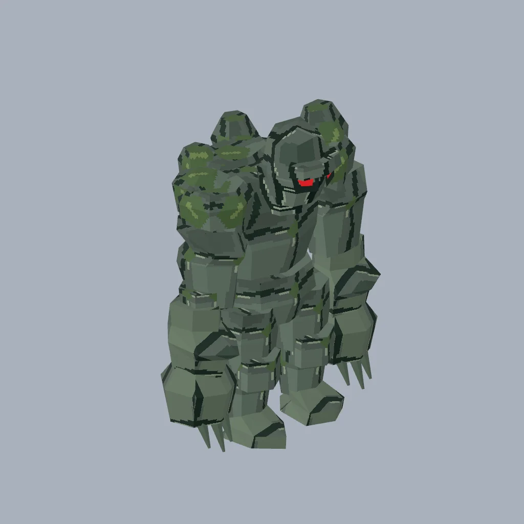 A heavy stone and moss woodland golem with separate red eyes and readable native attack phases.