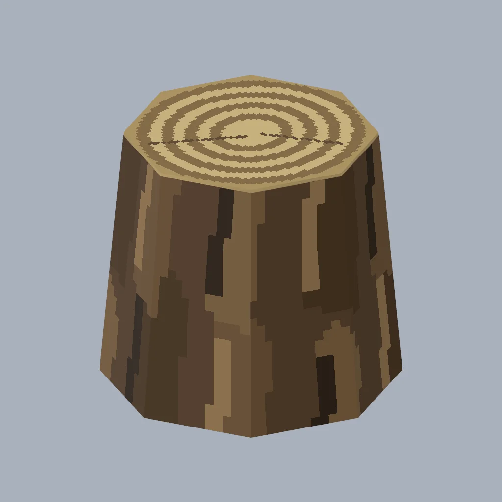 Low cut trunk with matching ground pivot, bark and original cut wood texture.