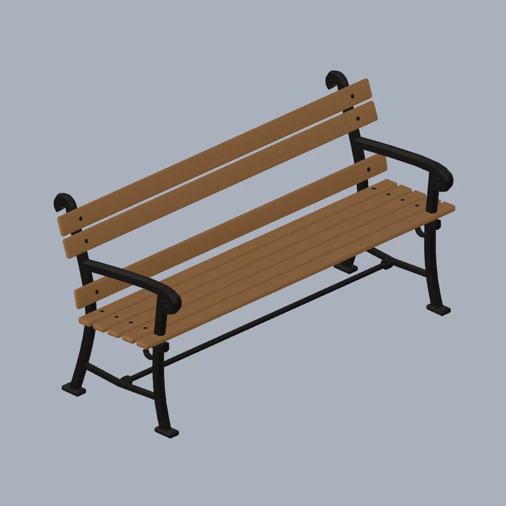 An oak-slat bench with wrought-iron scroll-arm frames.