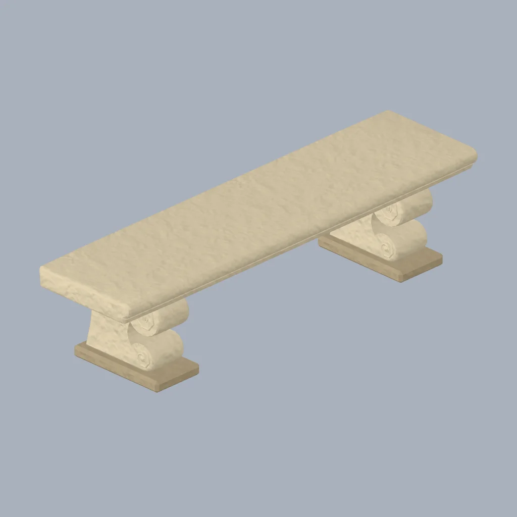 A carved limestone bench on scroll supports.