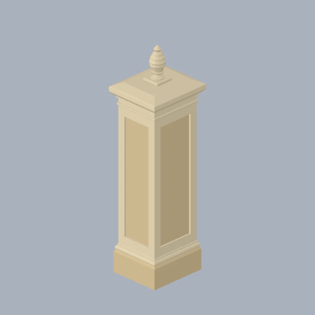 A panelled gateway pier with a moulded cap and pineapple finial.