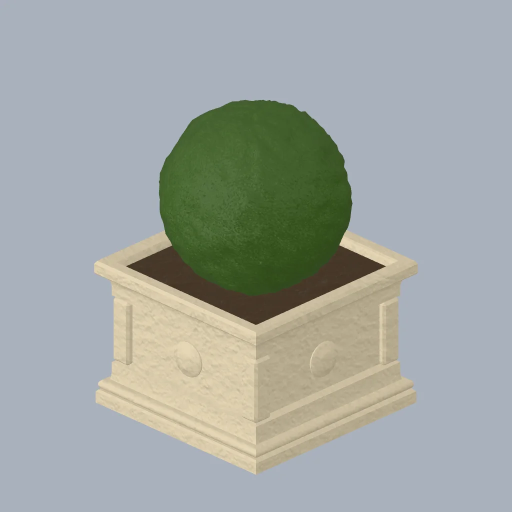A panelled limestone planter with a clipped topiary ball.