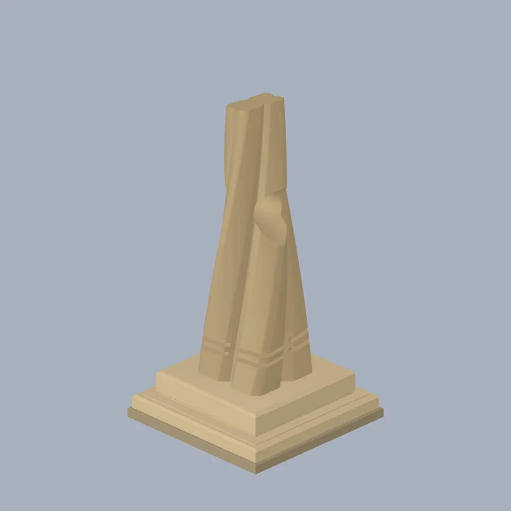 A twisted, grooved travertine monolith with a pierced opening, on a stepped plinth.