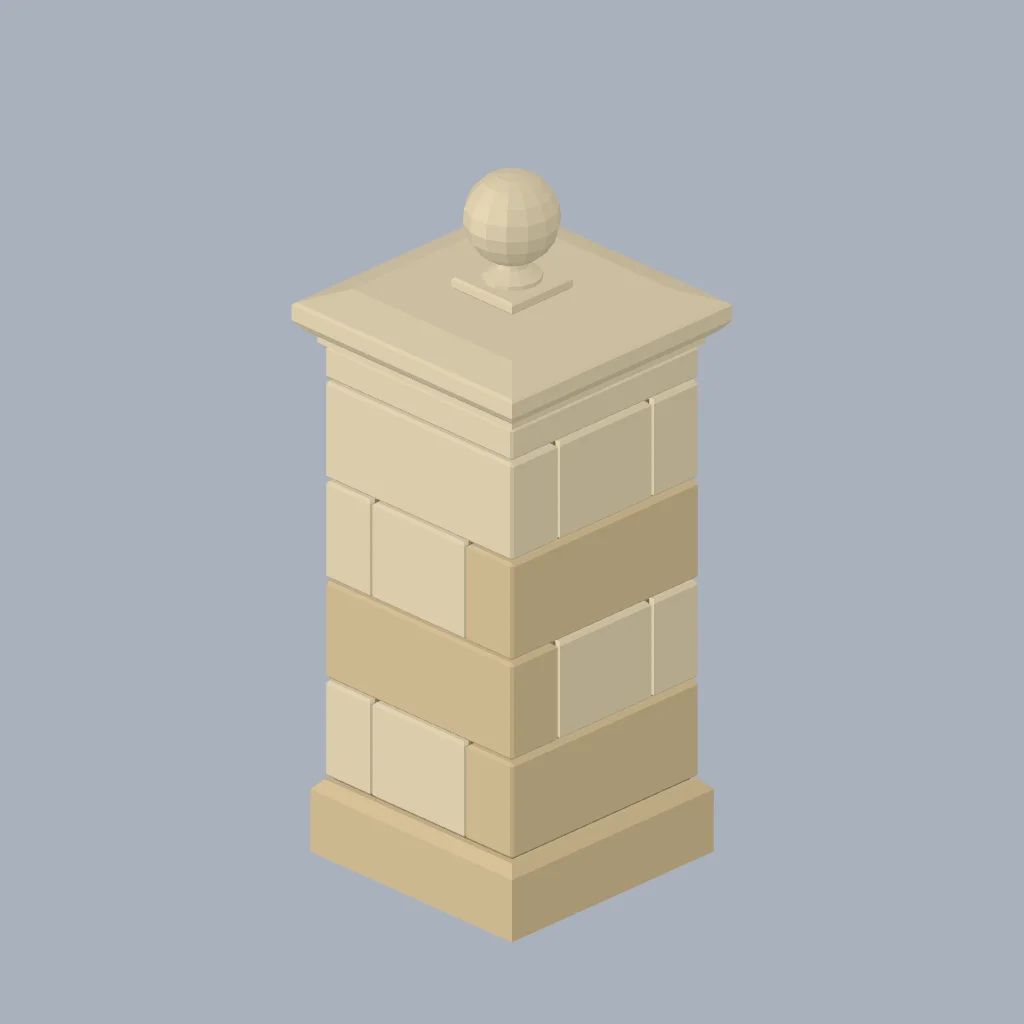 A quoined corner pier with a moulded cap and ball finial.