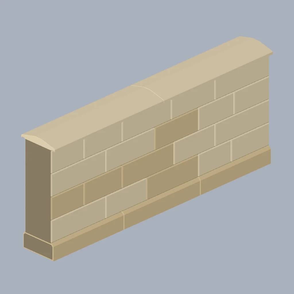 A 4 m coursed ashlar wall module with a travertine plinth and ridged coping.