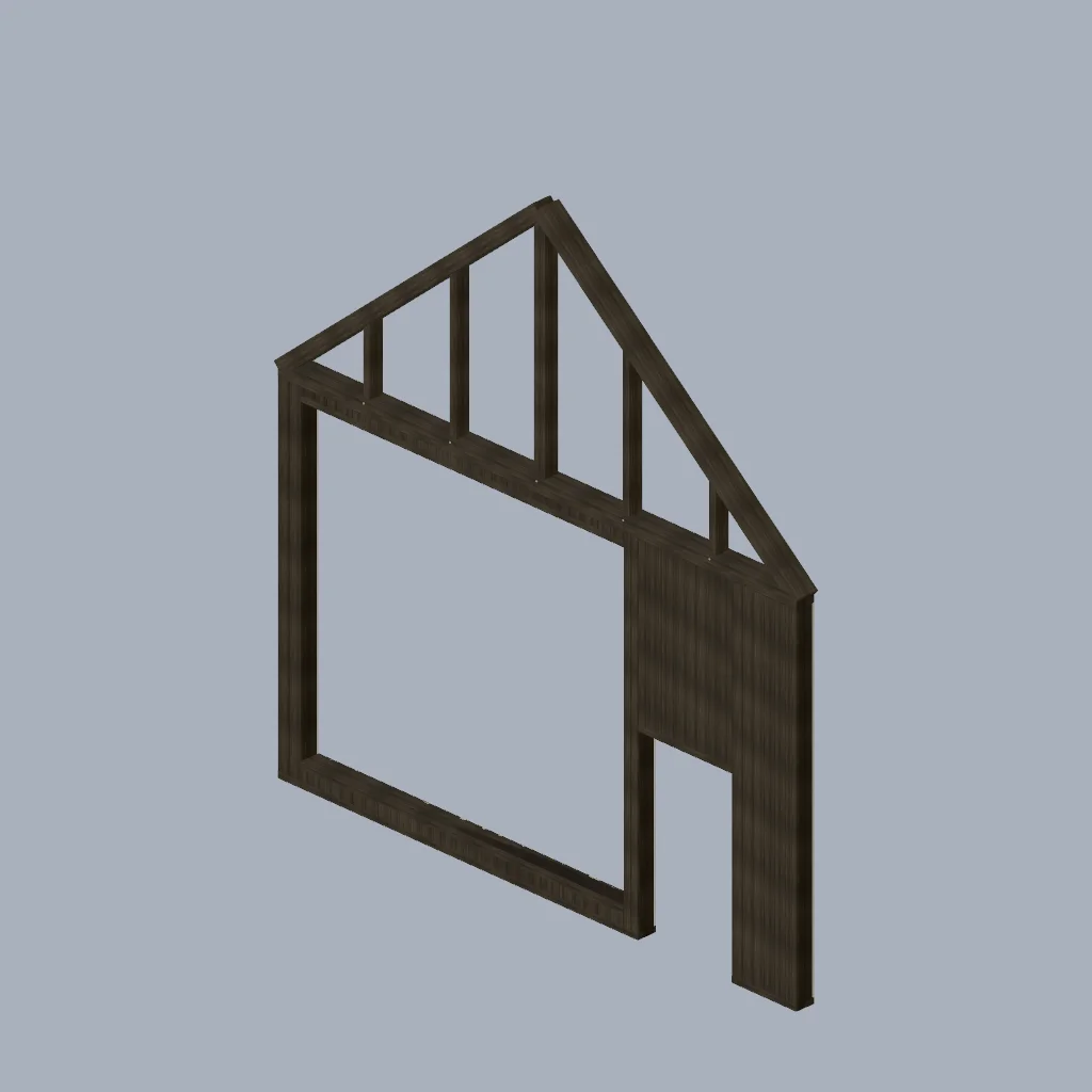 A timber front wall with openings for tall glazing and a deck door, topped by a triangular gable frame.