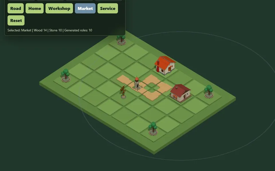 Pocket Settlement gameplay with roads, civic buildings, and placed homes