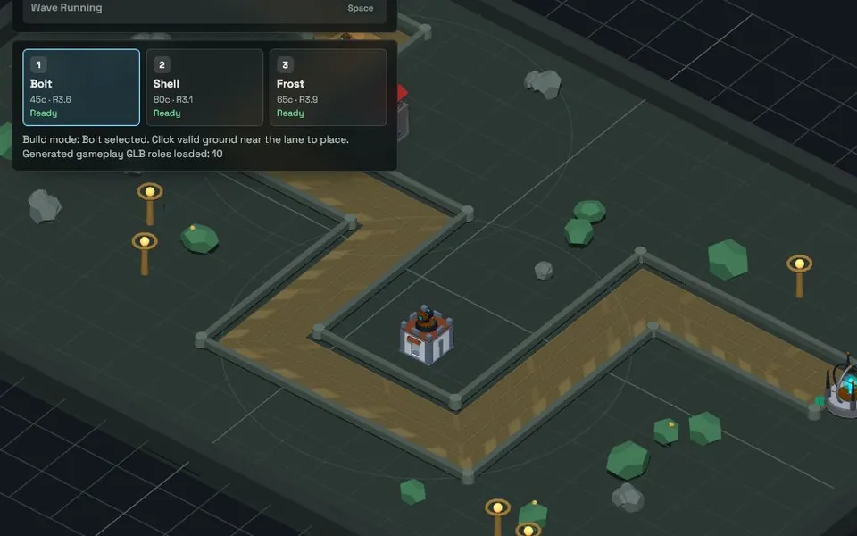 Kiln Tower Defense gameplay with generated towers defending a path