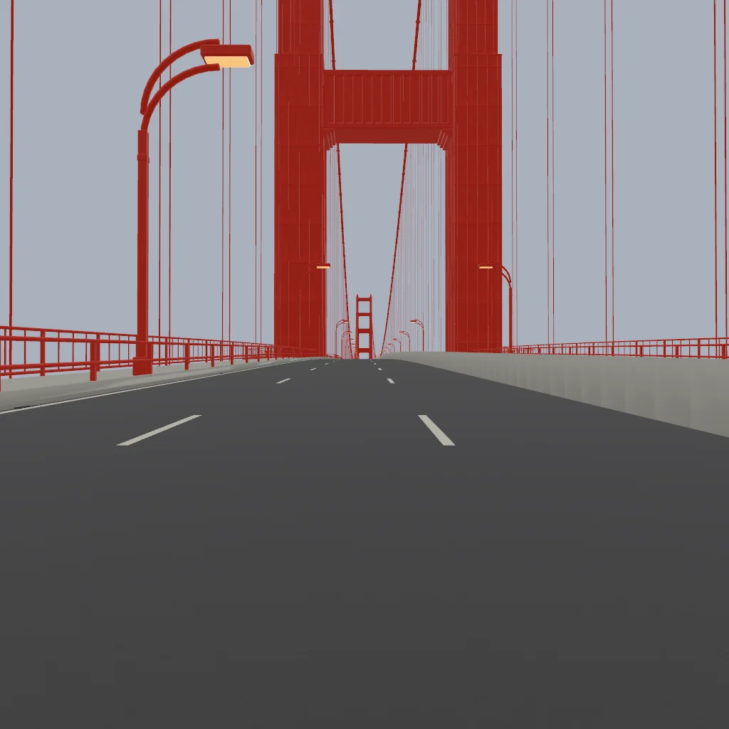 Golden Gate Bridge from the roadway, looking along the lanes toward the towers ahead.