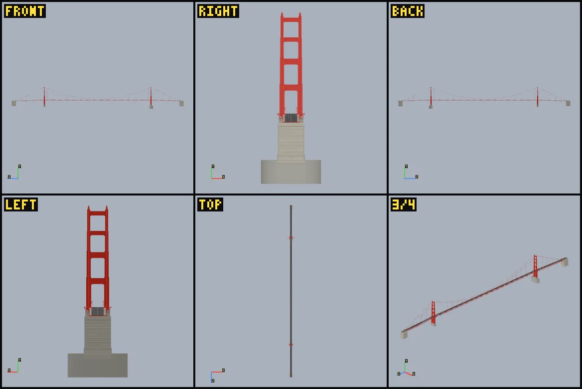 Six saved review views of the Golden Gate Bridge: front, right, back, left, top and three-quarter.