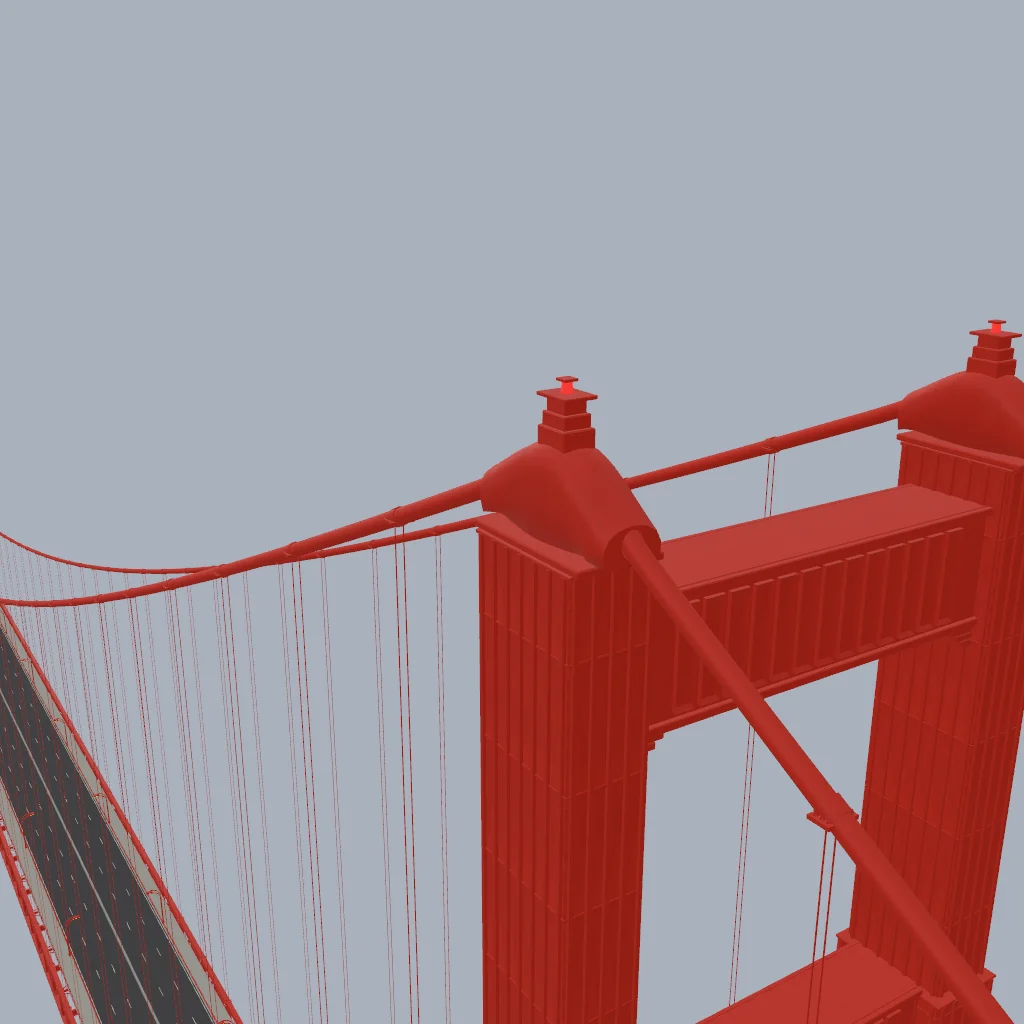 Golden Gate Bridge from beside the top of the south tower, with the main cables and the roadway below.