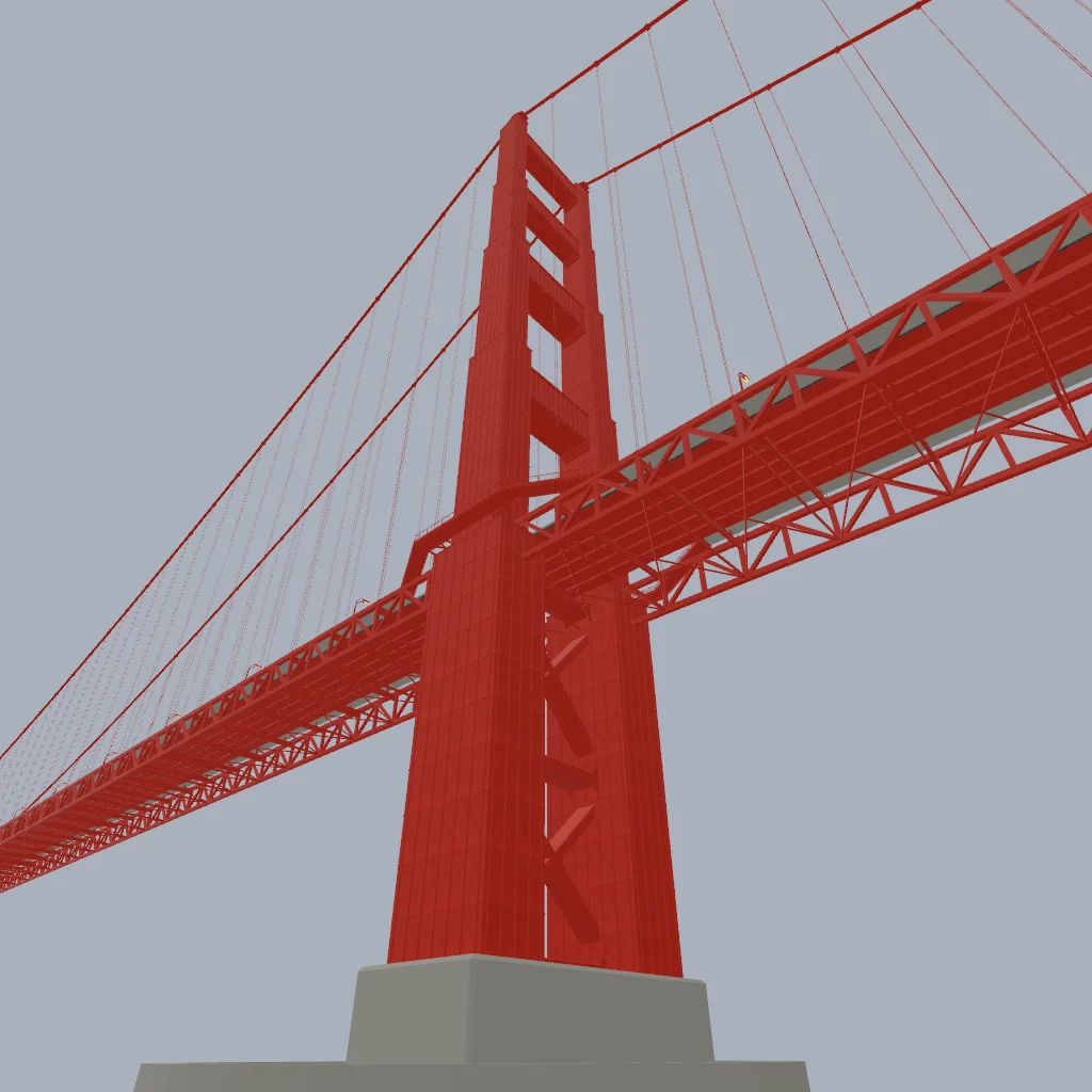 Golden Gate Bridge from near water level, looking up at the south tower and the roadway.