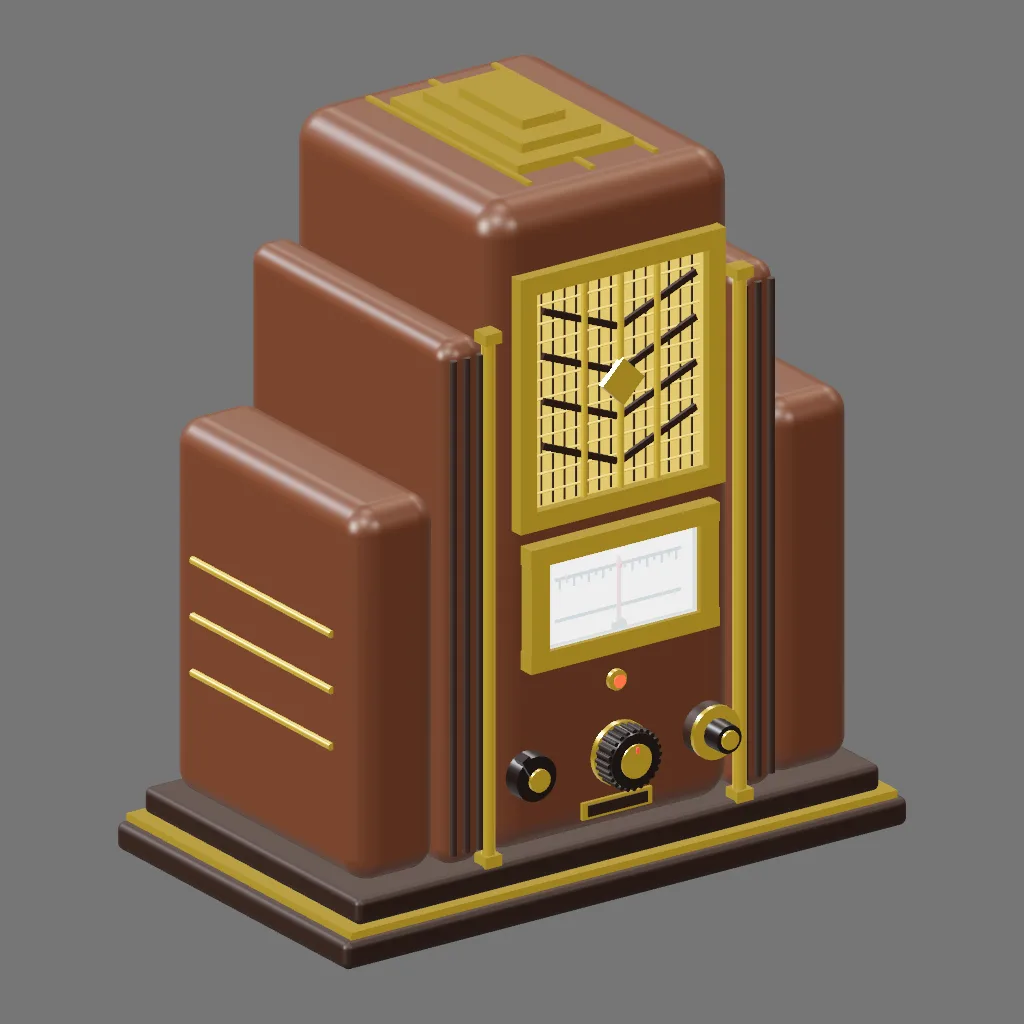 Historical gallery render of Deco radio; see the poster provenance below.